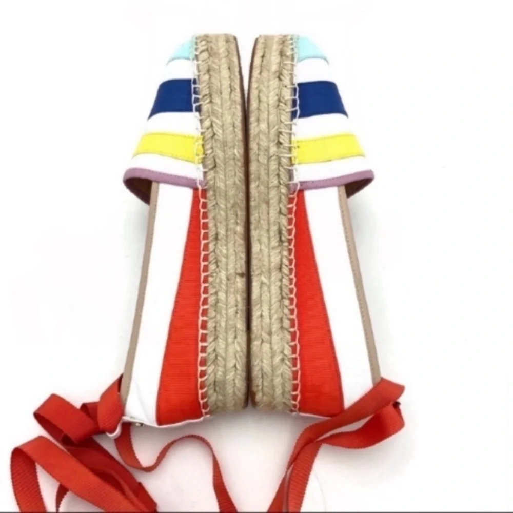 Kate Spade Leather Rainbow Striped Warped Ankle Espadrilles Platform Size 9